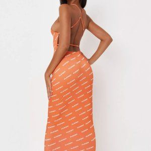 playboy x missguided orange all over print cross back midaxi dress